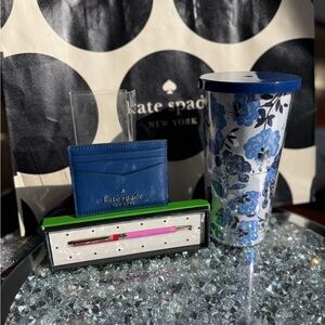 NEW Kate Spade  Blue Floral Tumbler Card Holder and beautiful penSet